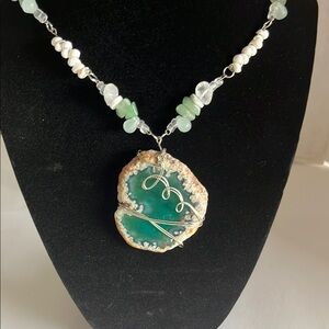 Handmade green geode with sea glass accents Necklace